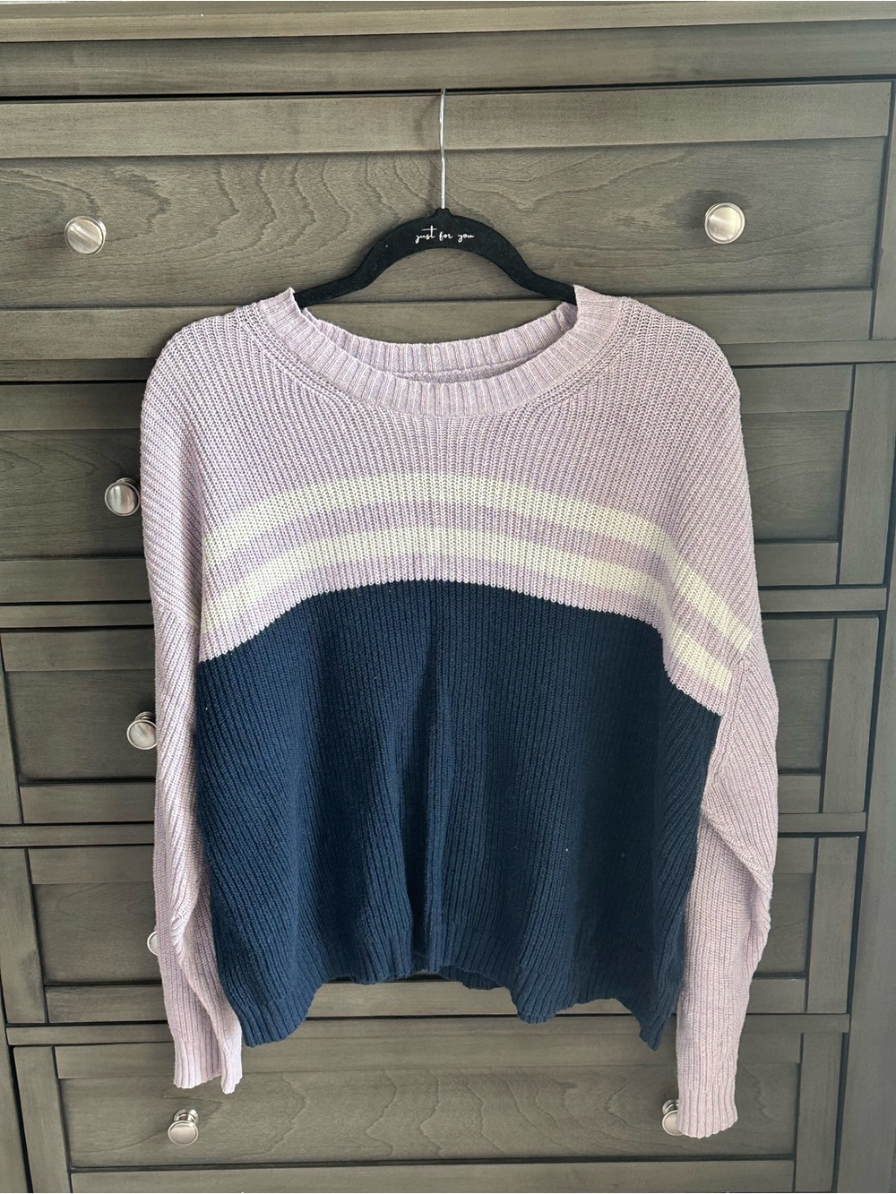 American Eagle Outfitters Lavender, Navy & Cream Colorblock Crewneck Sweater